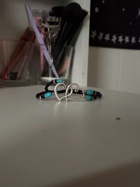 Turquoise Bead Double Heart Bracelet - Black Cord